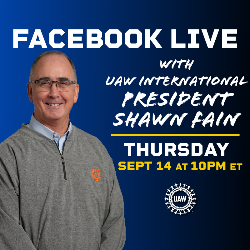 UAW's tweet photo. Stand Up Announcement. Join #UAW President Shawn Fain tonight on Facebook Live at 10 pm ET.
#StandUp #SolidaritySeason #1u #StrikeReady https://t.co/2HbI0ZYf6m
