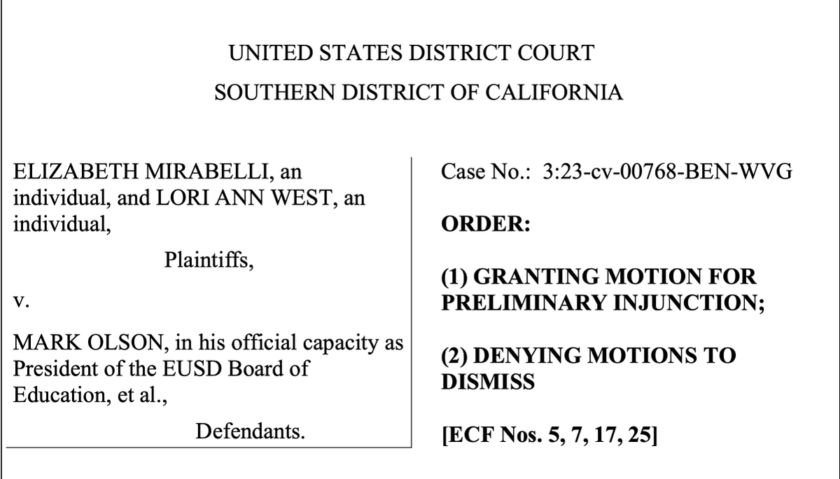 BREAKING.🚨🚨

HUGE COURT VICTORY: California Union School District is BLOCKED by a federal judge from requiring teachers to mislead parents about their children's gender identity and preferred pronouns.

"The Escondido Union School District has adopted a policy without parent