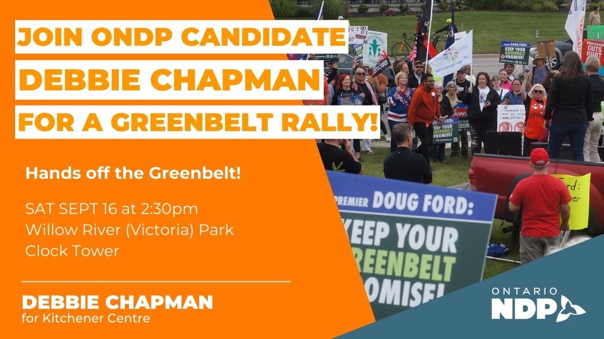Join me this Sat at 2:30pm for a Rally by <a href="/50x30WR/">50x30 Waterloo Region</a>  

Tell Doug Ford to keep his Hands Off the Greenbelt! ✊🪧

RSVP at: volunteer.ontariondp.ca/KIC/

#stopFord #stopthesprawl #savethegreenbelt #onpoli
