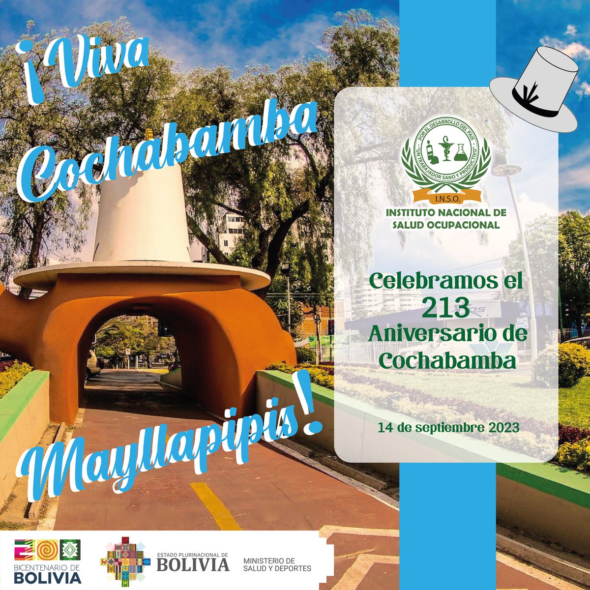INSO_BOLIVIA's tweet photo. 𝑭𝑬𝑳𝑰𝑪𝑰𝑫𝑨𝑫𝑬𝑺 𝑪𝑶𝑪𝑯𝑨𝑩𝑨𝑴𝑩𝑨📷

El Instituto Nacional De Salud Ocupacional - INSO saluda y felicita a la Llajta en sus 213 años de gesta libertaria.
#INSO
#Salud
#SaludOcupacional
#Bolivia
#Trabajadores
#Cochabamba https://t.co/gF9tVYq2ub