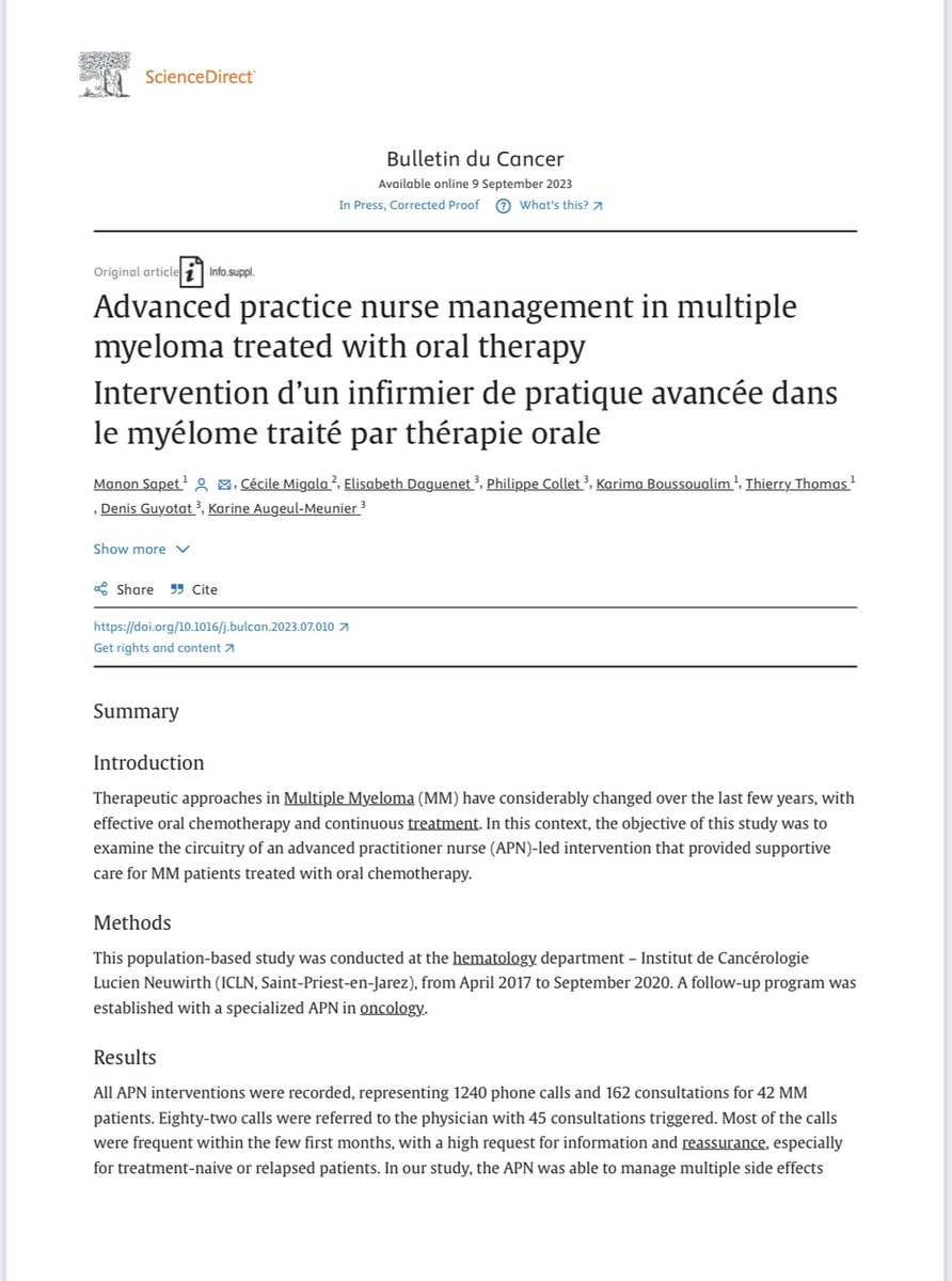 Belle collaboration Médecin/IPA au service des patients atteints d’un Myelome Multiple #ipa #therapiesorales #bulletinducancer 
These du Dr @manonsapet 
Dr Karine Augeul Meunier
@elisabethdaguenet
Dr Philippe Collet Pr Guyotat

doi.org/10.1016/j.bulc…