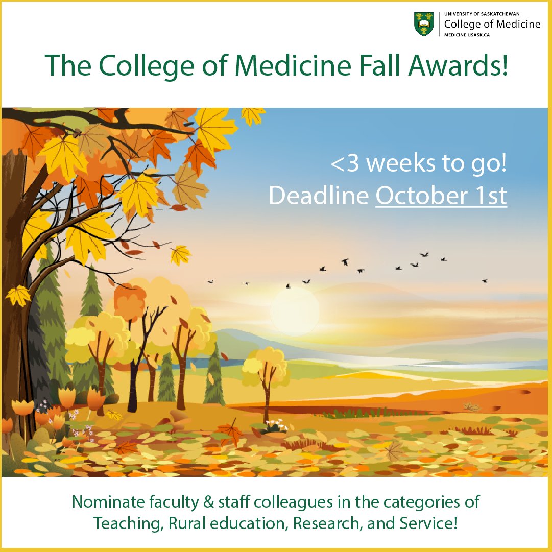 📣 Less than three weeks to go until the deadline for the CoM Fall Awards!  Nominate a faculty or staff member for their contributions in the areas of teaching, rural education, research and service.🏆 

The nomination deadline is Oct. 1. Learn more: ow.ly/vNHY50PLlgo