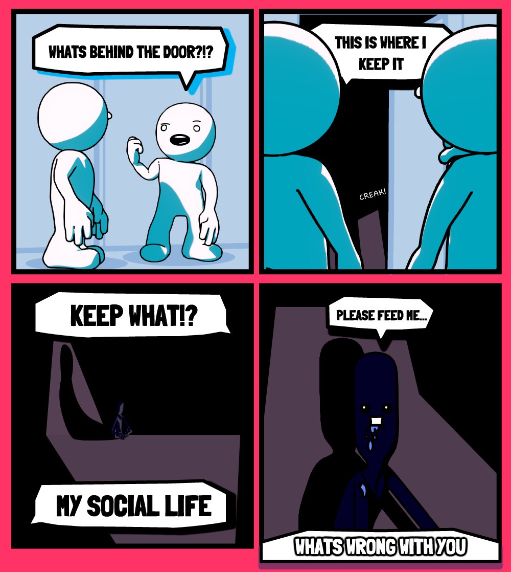 wwwyToons's tweet photo. My social life is fine... 🙃
@whatswrongwithyoucomics #dailycomic #comicstrip #comic #comics #mentalhealthcomic #cartoon #relatablecomic #relatablecomics #webcomicsofinstagram #weirdmonster https://t.co/Iu6Qzs1CX3