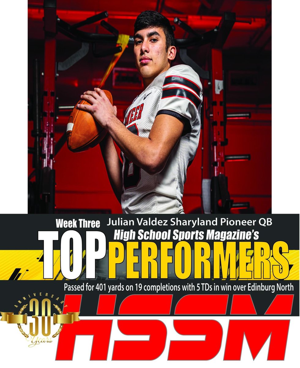 🚨 Sharyland Pioneer HS QB Julian Valdez passed for 401 yards and five touchdowns in their win over Edinburg North. He had TD highlight passes of 17, 16, 36, 37, and 80 yards. Congratulations! 🚨