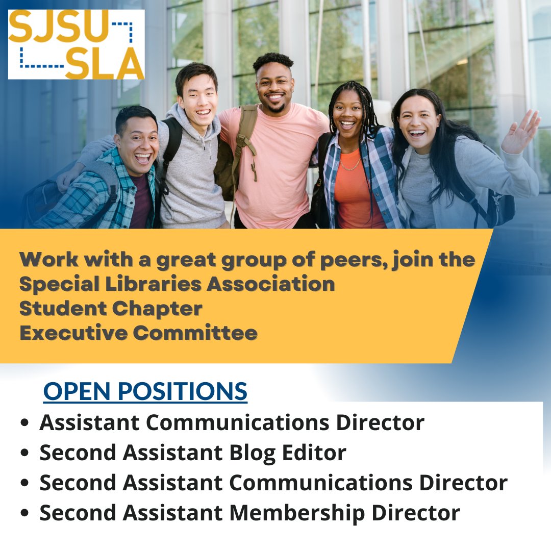 Participation offers an outstanding opportunity to gain valuable leadership experience as part of a dynamic SJSU professional association student chapter.
ischoolgroups.sjsu.edu/slasc/about/va…