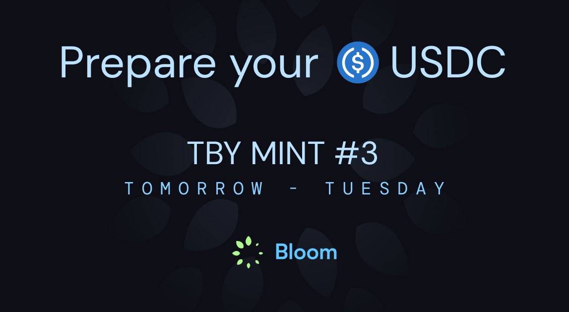 blueberryFDN's tweet photo. 🌸🚨Mint #3 for TBYs maturing mid March 2024 [Ticker: $TBY-Mar24(b)] available starting tomorrow.

Prepare your USDC to mint high yield fixed 6 month debt tokens in a fully composable form https://t.co/sGsMENvIih