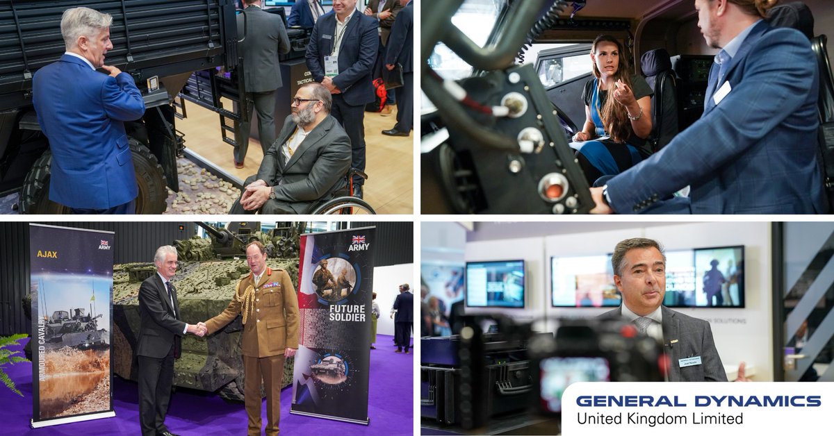 gduknews's tweet photo. We had another great day at @DSEI_event showing our land, air, sea, space, and cyber capabilities. Be sure to drop by stand H5-406 on the last day of #DSEI23 to find out how we’re achieving an integrated force. #GDatDSEI #GDUKevents https://t.co/79CZiiYj0O