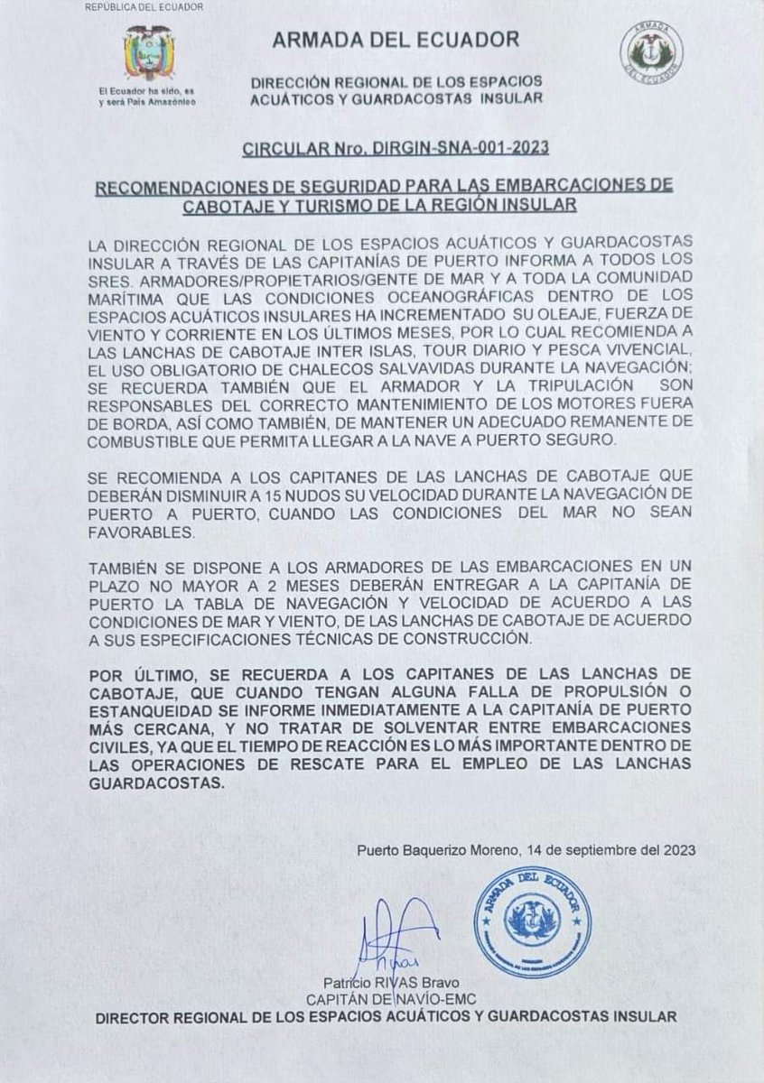 BitacoraEc's tweet photo. @armada_ecuador recuerda a capitanes y armadores de embarcaciones de#Galapagos como las lanchas de cabotaje que las condiciones el mar son adversas y que se tomen precauciones:
llevar suficiente combustible
no auxiliarse entre 🚤civiles
usar chalecos salvavidas.
@CesarRohon y Ud? https://t.co/5i2R0o2L2g