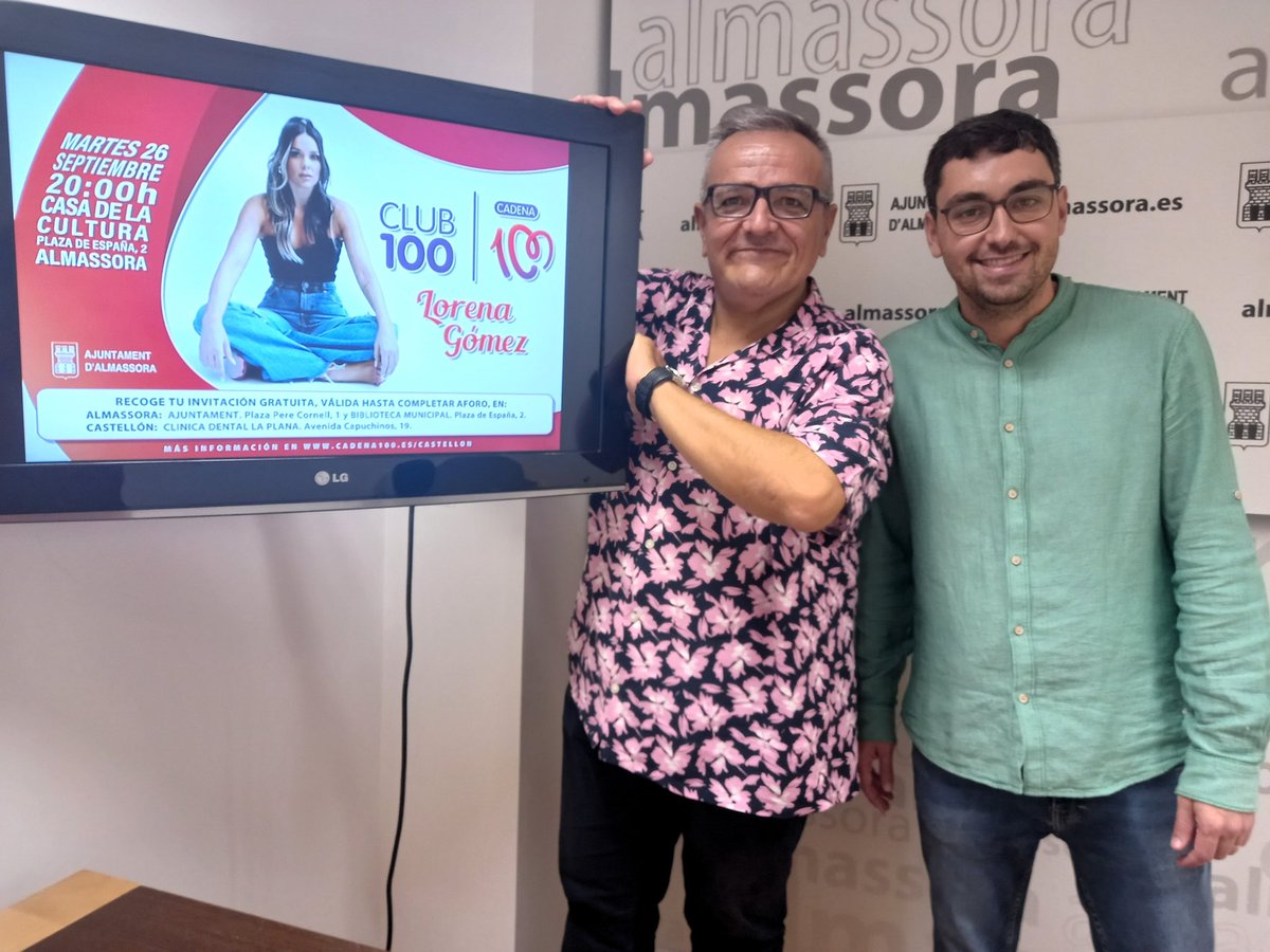 Ahora mismo <a href="/Lorenagomez_/">Lorena Gómez</a> está actuando en el Wizink Center de Madrid… ¡y el día 26 estará en Almassora!

Sí, de la mano de <a href="/CADENA100/">CADENA 100</a>, la cantante nos regalará un adelanto de su nuevo disco 'Me vuelvo a la vida' en un concierto intimo, en acústico, en la Casa de la Cultura.