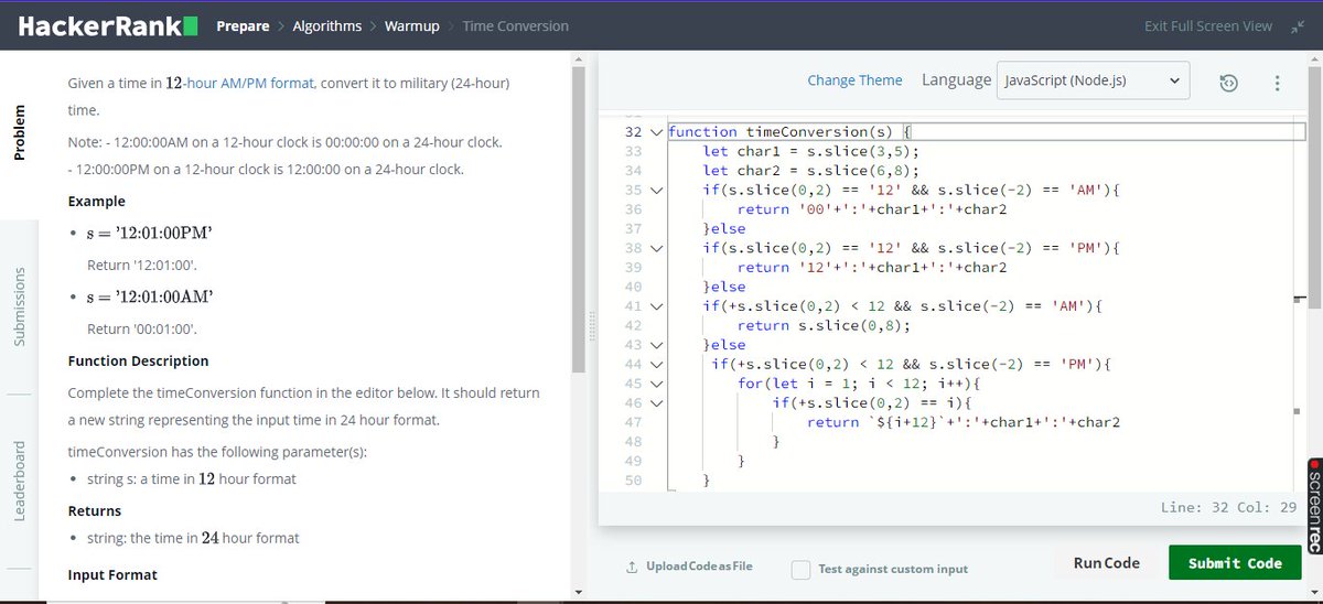 GaelTikeng's tweet photo. Day 4💫 of #30daysofalgorithm 
Hi guys. Solving algorithms helps a developer/programmer increase their problem-solving abilities. Today I solved "Time Conversion" on HacherRank. 
#RebaseAcademy #javascript #webdevelopment #webdeveloper #code #CodeNewbie https://t.co/dvXcPbExw2