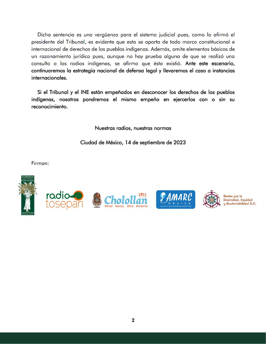 #NuestrasRadiosNuestrasNormas
⚠️ #Urgente La resolución del <a href="/TEPJF_informa/">Tribunal Electoral del PJF</a> de ayer, vulnera claramente el derecho a la #libredeterminación y autonomía, y el derecho de #pueblosindígenas a tener sus propios medios de comunicación.
Lee aquí el #comunicado 👉 bit.ly/45TheEW