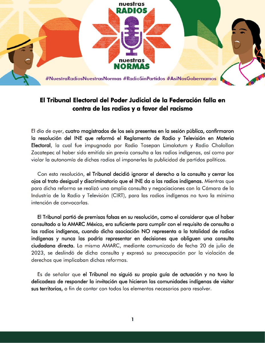 redesac_mx's tweet photo. #NuestrasRadiosNuestrasNormas
⚠️ #Urgente La resolución del @TEPJF_informa de ayer, vulnera claramente el derecho a la #libredeterminación y autonomía, y el derecho de #pueblosindígenas a tener sus propios medios de comunicación.
Lee aquí el #comunicado 👉 https://t.co/XHp1aQvjXg https://t.co/wGYAilYiht
