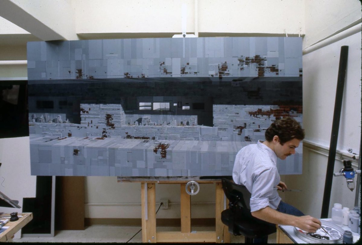DesigningFilm's tweet photo. Christopher Evan's matte painting of the Death Star trench. It took a month of ten hour days at the @ILMVFX matte department to paint it for Return of the Jedi (1983). A thread… https://t.co/cpE8JvcbEW