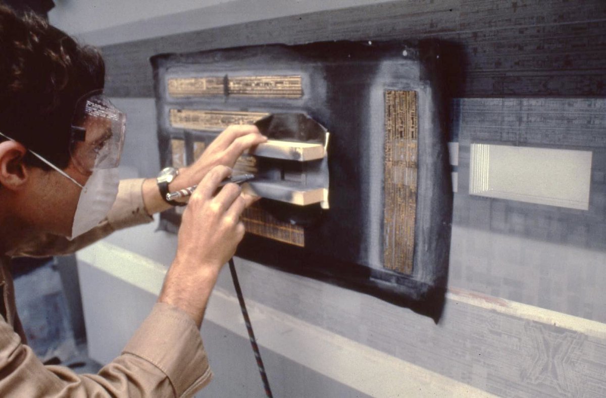 DesigningFilm's tweet photo. Bill George had etched brass stencils left over from Blade Runner (1982) and Evans used them to create the repetitive surface patterns on the Death Star surface. https://t.co/mMHh88zfjP