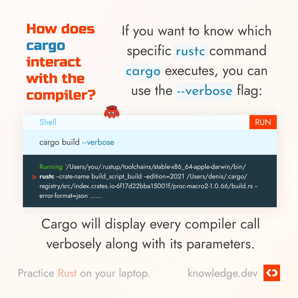knwldev's tweet photo. Which specific rustc command does cargo execute?

#rustacean #rustaceans #rustlang #programming #programminglanguage #learnprogrammingnow #rustprogramming #rustdev #rustdeveloper #rusttips #rustexpert https://t.co/MzzXLhYbuJ