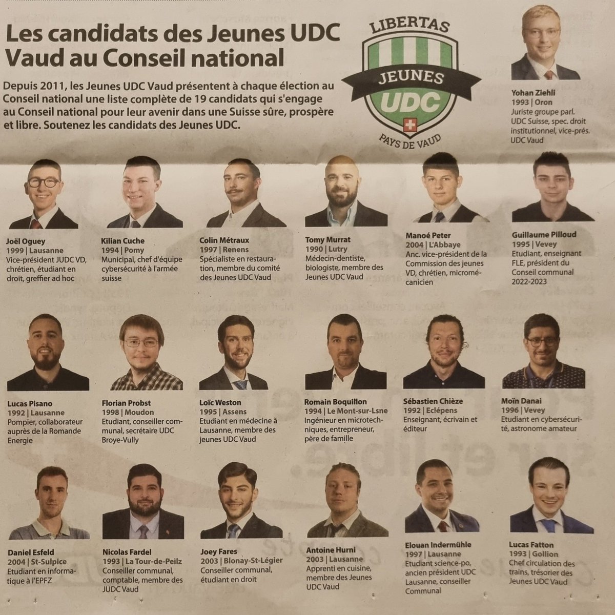 Dommage que les #JeunesUDC Vaud ont une liste complète au National, ils ont sûrement dû refuser beaucoup de femmes manque de place (je suis contre les quotas, mais franchement 0 femme sur 19 j'aurais pas osé 😬)