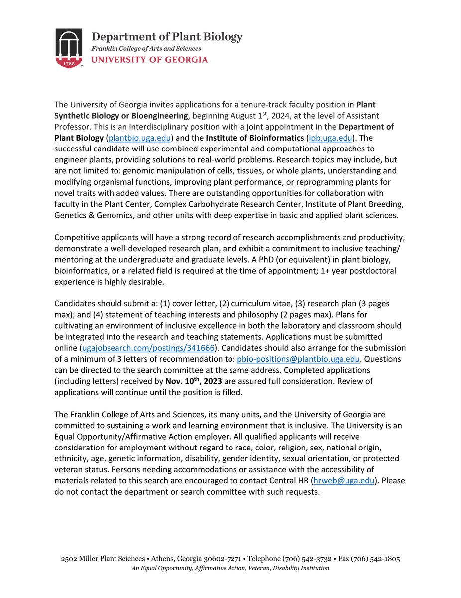 UGA Plant Biology (@uga_plantbio) on Twitter photo We’re hiring! We’re searching for an Assistant Professor in Plant Synthetic Biology to start Aug 1, 2024. The position will be a joint appointment b/t UGA Plant Biology and <a href="/uga_iob/">UGA Bioinformatics</a>. For full consideration, apply by Nov 10, 2023. Please spread the word! We’re hiring! We’re searching for an Assistant Professor in Plant Synthetic Biology to start Aug 1, 2024. The position will be a joint appointment b/t UGA Plant Biology and <a href="/uga_iob/">UGA Bioinformatics</a>. For full consideration, apply by Nov 10, 2023. Please spread the word!