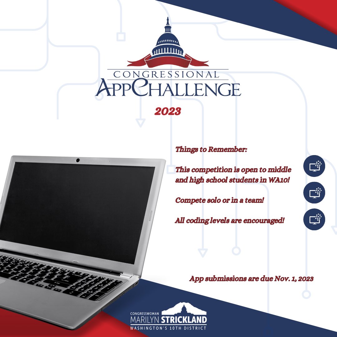 I am proud to announce the 2023 Congressional App Challenge for Middle and High School students in the #SouthSound. Students can submit an app by Nov 1 for consideration to be featured in the U.S. Capitol. I look forward to seeing the best STEM talent in #WA10! #Congress4CS