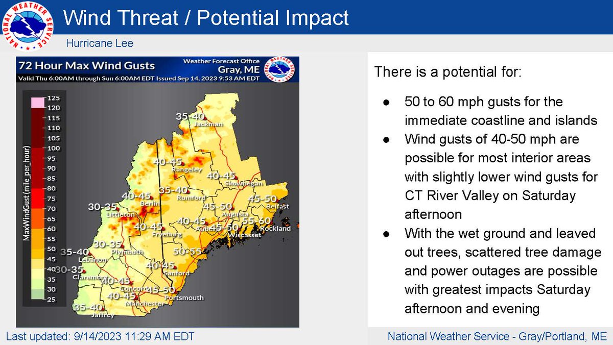 ⚠️HURRICAN LEE UPDATE⚠️

-Lee has shifted east, however we will still be greatly impacted
-Lee arrives late Friday night 
-Wind gusts over 50 mph along the coast
-CMP is anticipating up to 300,000 power outages

Credit: @YorkCountyEMA briefing from today.