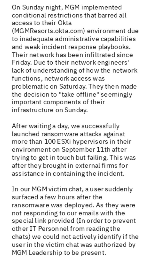 aejleslie's tweet photo. Full statement from ALPHV, regarding the attack on MGM Resorts. 🧵 1/2 https://t.co/jOm3dFjc3U