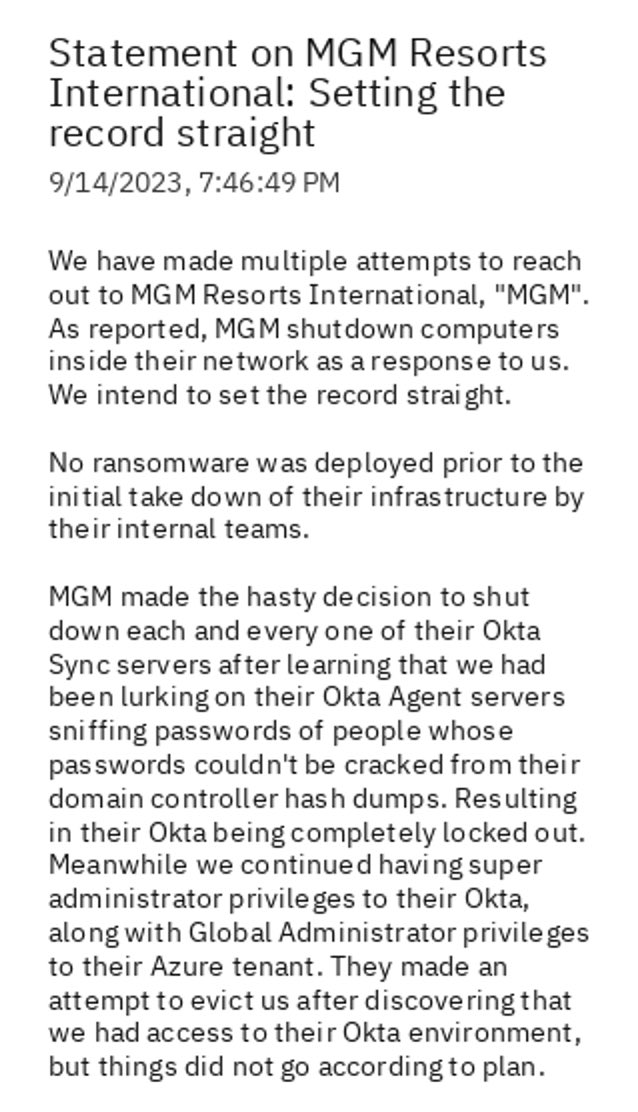 aejleslie's tweet photo. Full statement from ALPHV, regarding the attack on MGM Resorts. 🧵 1/2 https://t.co/jOm3dFjc3U