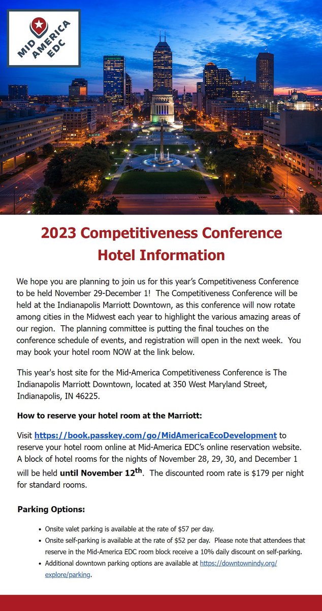 _MAEDC's tweet image. ⏲ It&apos;s time to book your hotel room for the 2023 Mid-America EDC Competitiveness Conference (Nov. 29-Dec. 1) at the Indianapolis Marriott Downtown!

Details to book your room here: bit.ly/2Fox1En 

#MidAmericaEDC #CompetitivenessConference #EconomicDevelopment
