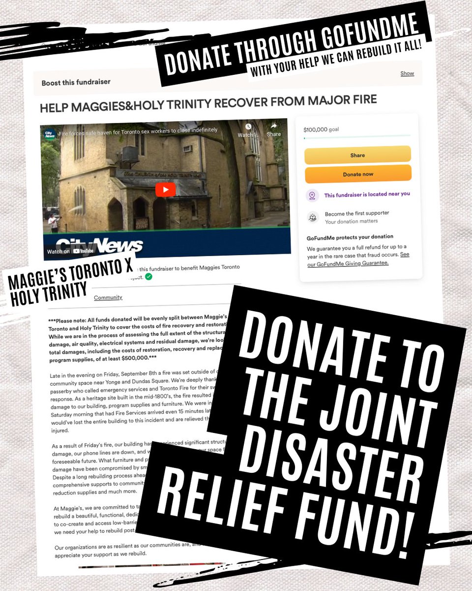 We're deeply grateful to everyone who has shared the news about last week's fire on site. Maggie's and Holy Trinity were both hit hard, but we're committed to rebuilding it all together- brick by brick. 

Donate to our joint Disaster Relief Fund below!⤵️
gofundme.com/f/toronto-fire…
