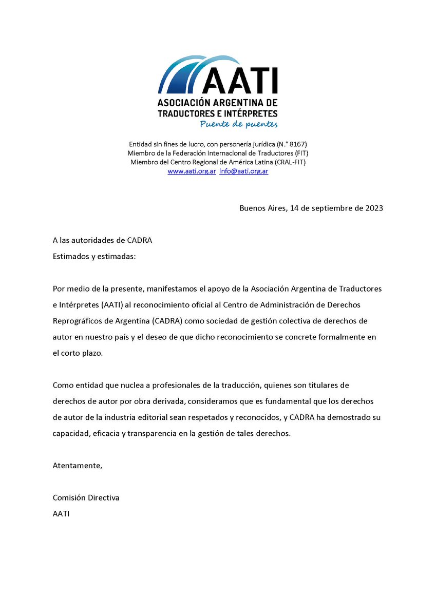 AATIorg's tweet photo. Desde la AATI apoyamos a CADRA (@CADRA_Argentina) porque defiende la obra y el trabajo de autores/as y traductores/as.
#derechosdeautor #DDAA #escritores #traductores #editoriales #IndustriaEditorial
https://t.co/o539DpJi4S https://t.co/3zqMAVqPJd