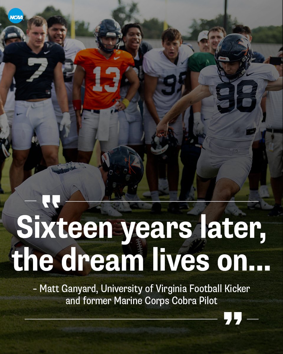 NCAA's tweet image. From @UVA undergraduate ➡️ @USMarineCorps Cobra Pilot ➡️ and back again as @UVAFootball kicker, @MattGanyard has exemplified what it means to embrace the process. 🏈

#UVAStrong