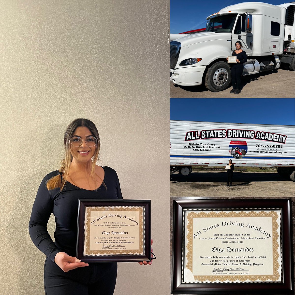 olgaHdz_'s tweet photo. Another one for the books ! π
May I present to you the newest CDL Class A Truck Driver !!ππ¨
Gracias a Dios por cada experiencia !π
Para metas y sueΓ±os nunca se limiten!π
#FirstFemaleGraduate
#AllStatesDrivingAcademy
#College
#CDL
#DrivingSchool https://t.co/ymksoOOuqI
