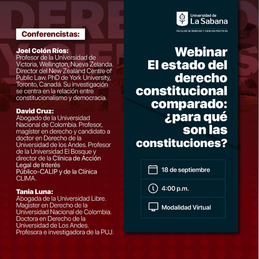 La Revista Díkaion invita al webinar "El estado del Derecho Constitucional Comparado: ¿para qué son las constituciones?". 
🗣 Conoce a nuestros ponentes:
Joel Colón Ríos, Tania Luna, David Cruz
🔗 Únete en: tinyurl.com/WebinarDerCo
Consulta el artículo: dikaion.unisabana.edu.co/index.php/dika…