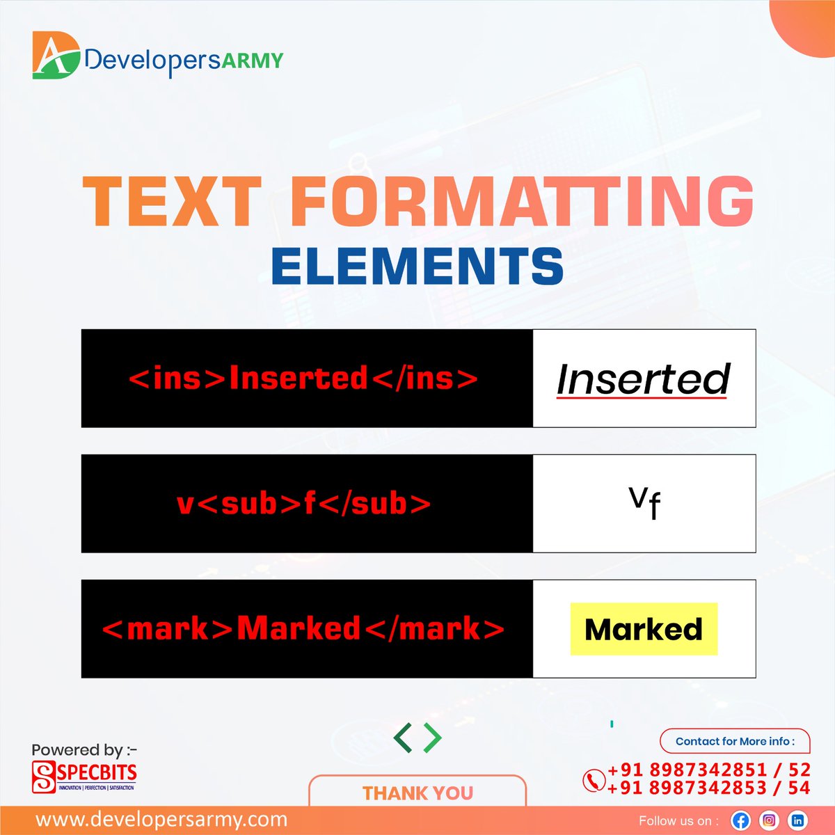 DevelopersArmy's tweet image. 🚀 Explore the Power of Text Formatting! 🎨

#WebDevelopment #TextFormatting #DevelopersArmy #SpecBits #CodingSkills #WebDesign #HTML #CSS #LearnToCode #WebDevTraining #EnhanceYourSkills