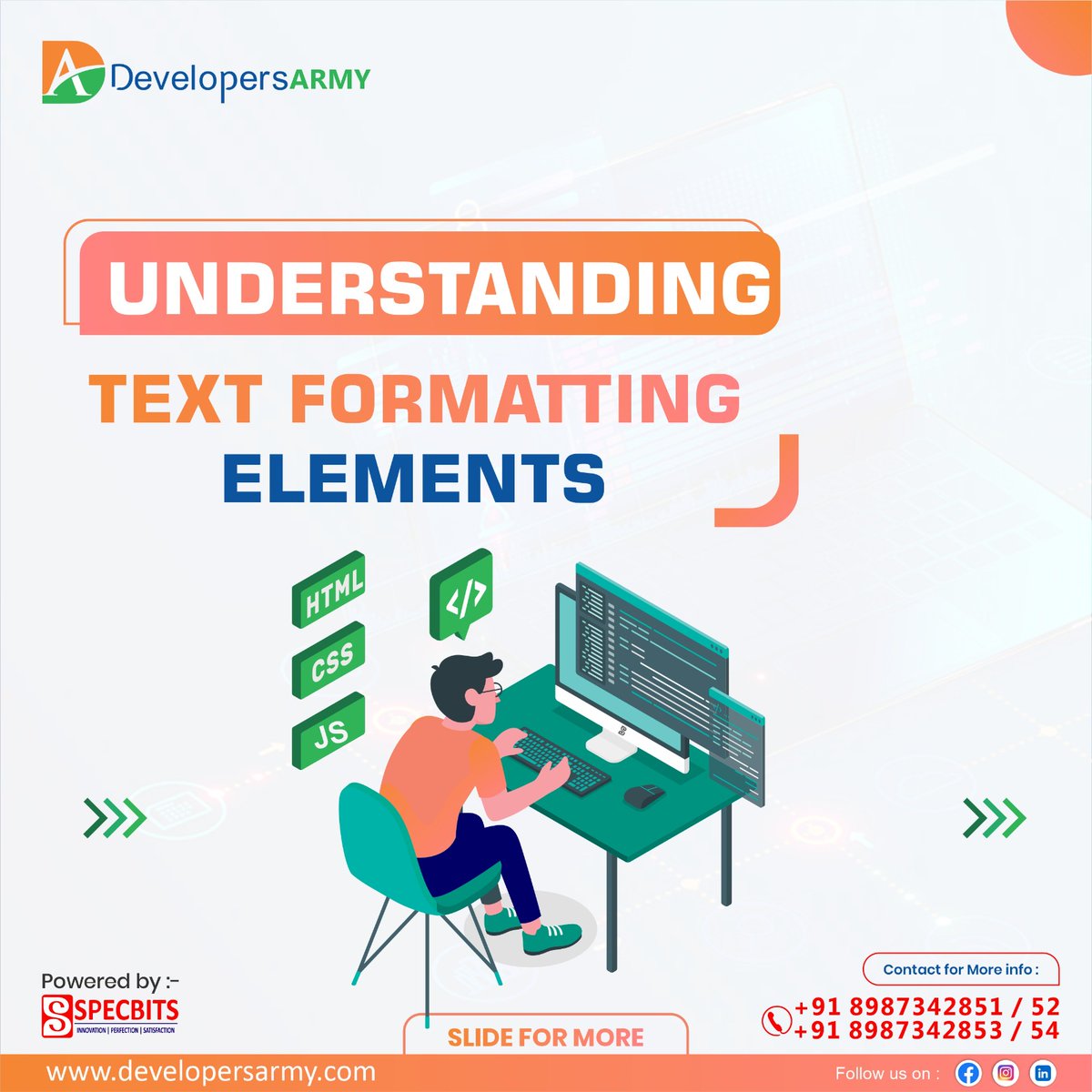 DevelopersArmy's tweet image. 🚀 Explore the Power of Text Formatting! 🎨

#WebDevelopment #TextFormatting #DevelopersArmy #SpecBits #CodingSkills #WebDesign #HTML #CSS #LearnToCode #WebDevTraining #EnhanceYourSkills