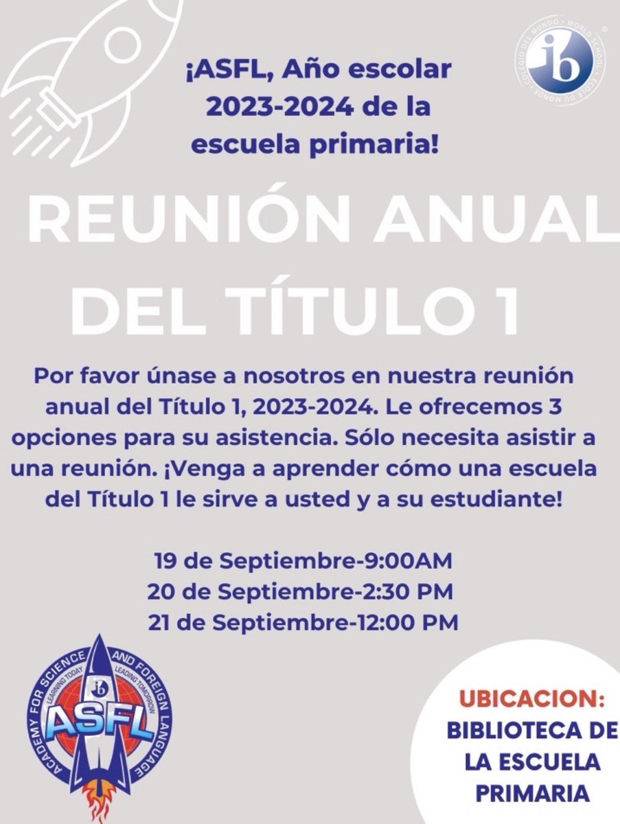 We will be hosting our Annual Title 1 Meetings next week. There are 3 days and times to choose from. We hope to see you there! <a href="/ASFLptsa/">ASFL PTA</a> <a href="/HSVk12/">Huntsville City Schools</a>