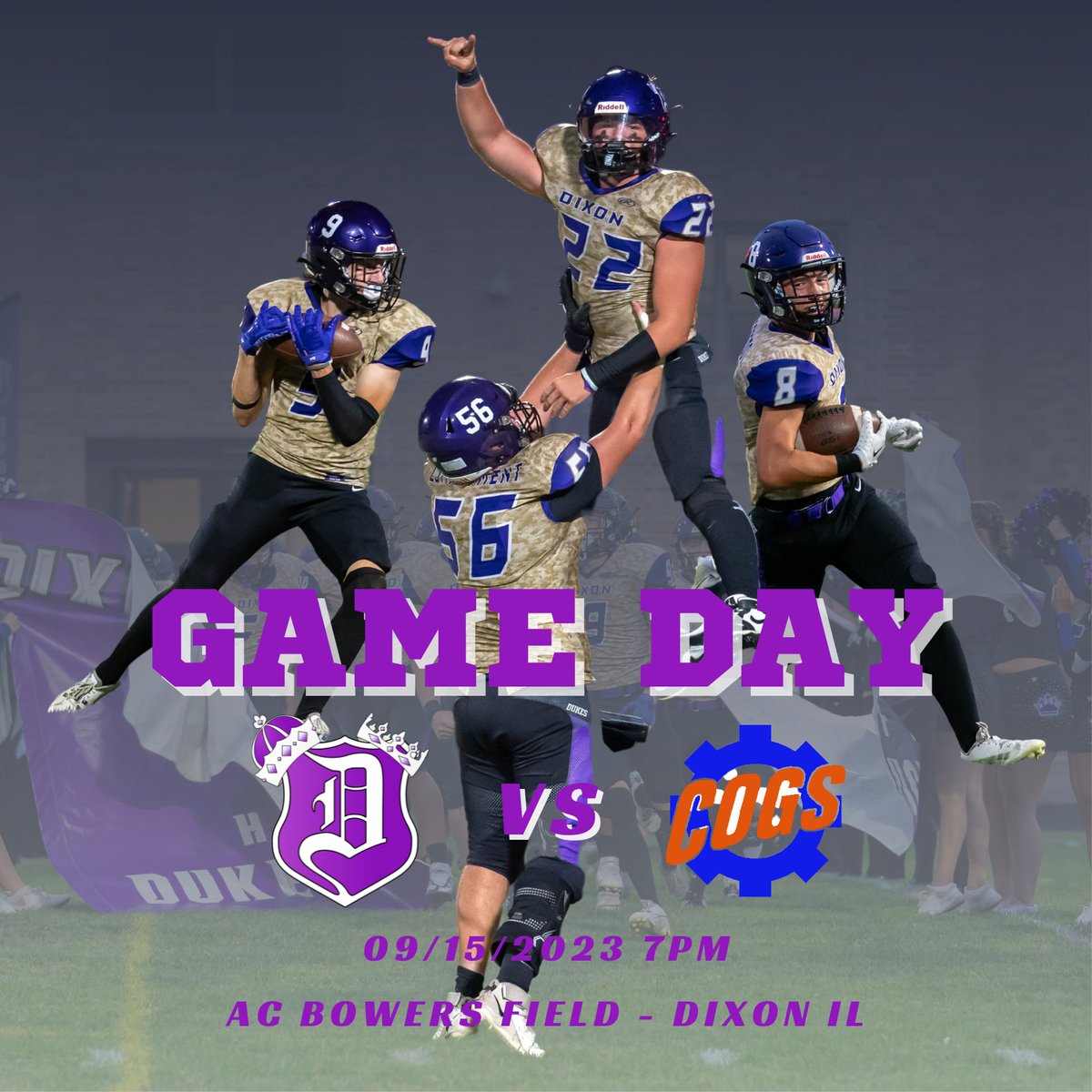 CoachWinterland's tweet photo. ITS GAME DAY!
The Dukes look for their first 4-0 start since 2017! The 2-1 Cogs from GK will come to A.C Bowers Field for a Varsity only game at 7 pm.

We will also introduce our Junior Dukes Football teams as well as our youth cheer and dance teams. 

#GoDukes #BePurple https://t.co/b6KzVCertV