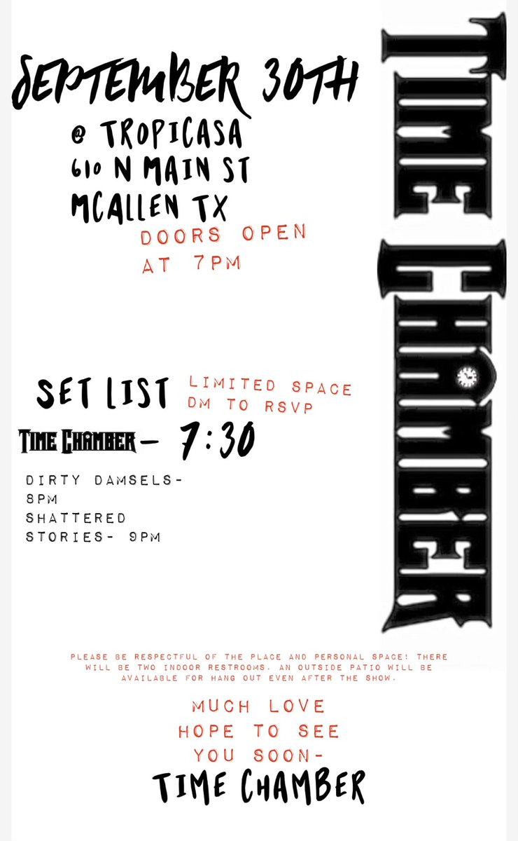 We (Time Chamber) have our first show, September 30th! If you’re interested in going, DM me and I’ll send you a link to get your ticket. Thank you! <3