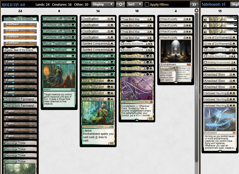 Zimplfy1's tweet photo. Got a 5-0 (10-0) with GW Combo Enchantments! Main combo is Calix + Three Blind Mice to exponentially make tokens and the secondary combo is Weaver + Virtue of Loyalty to pump your team. Most of the time though just won with beatdowns (Katilda MVP) https://t.co/j4wicwqOYJ