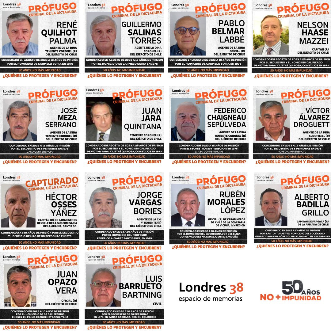 Londres_38's tweet photo. Ponemos a disposición, para su 𝗗𝗘𝗦𝗖𝗔𝗥𝗚𝗔 𝗟𝗜𝗕𝗥𝗘, los afiches de los prófugos criminales de la dictadura (en formato PNG y PDF)
🟠 𝗟𝗜𝗡𝗞 𝗗𝗘 𝗗𝗘𝗦𝗖𝗔𝗥𝗚𝗔: https://t.co/kYmdKhD8Eo

#TodaLaVerdadTodaLaJusticia 
#50AñosNoMásImpunidad 
@Carabdechile @Ejercito_Chile https://t.co/sfM3EtywGz