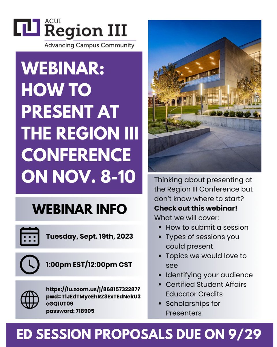 ACUIRegionIII's tweet photo. Thinking about presenting at the regional conference? or have students who are considering it? Please share this information with them. The Zoom link is https://t.co/yWc4Xzb9Ro Presenters can apply for one of the 2 available scholarships that cover the cost of registration! https://t.co/ssCh8GPwr1