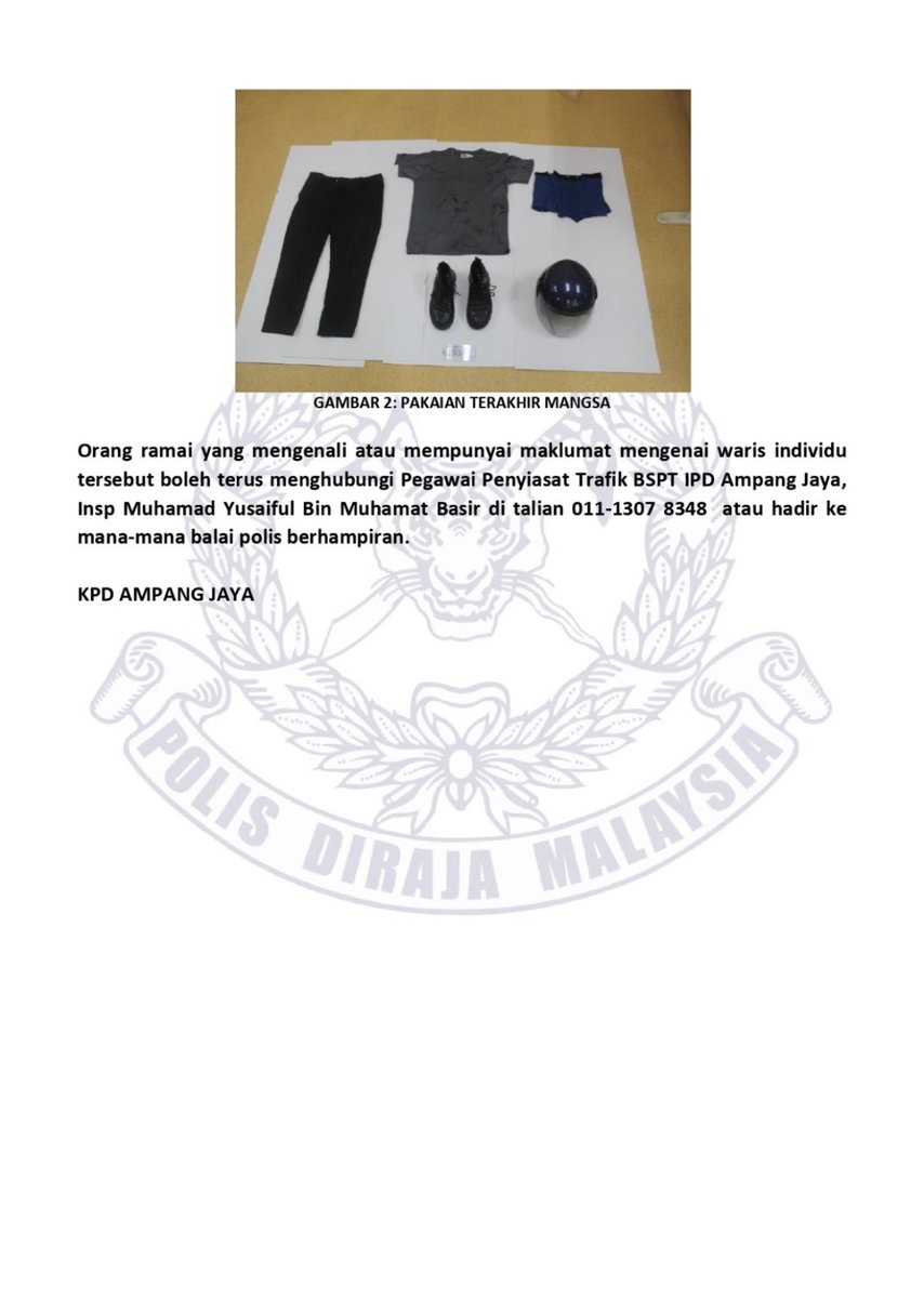 Polis sedang mengesan waris/ahli keluarga lelaki ini yang terlibat dalam kemalangan di Perhentian Bas dekat sekolah Kuala Ampang, Selangor pada pagi 10 September lepas.