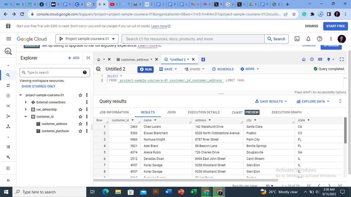 hestadammy's tweet image. Day 11
Welcome to SQL! I wrote a simple SQL query to retrieve all columns from the customer address table.
#20dayswithdata #SQLBasics #SQLQuery
P.S I am using another dataset because I still can't figure out how to upload the recommended dataset to this free version of BigQuery