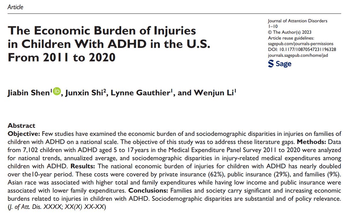 Pediatric Injury Research Lab (@umlinjurylab) on Twitter photo What is the financial burden of #injury for families of children with #ADHD? Check out the latest paper from our lab in collaboration with <a href="/UML_ZCHS/">UML Zuckerberg College of Health Sciences</a> based on ten years' national data, published on Journal of Attention Disorders (doi.org/10.1177/108705…). <a href="/UMLResearch/">UMass Lowell Research</a> <a href="/UML_FAHSS/">UMass Lowell FAHSS</a> What is the financial burden of #injury for families of children with #ADHD? Check out the latest paper from our lab in collaboration with <a href="/UML_ZCHS/">UML Zuckerberg College of Health Sciences</a> based on ten years' national data, published on Journal of Attention Disorders (doi.org/10.1177/108705…). <a href="/UMLResearch/">UMass Lowell Research</a> <a href="/UML_FAHSS/">UMass Lowell FAHSS</a>
