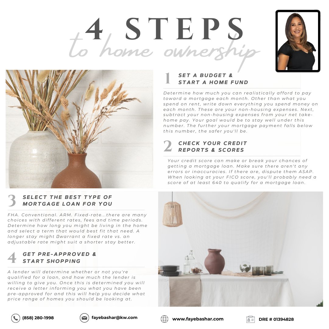 bashar_faye's tweet image. 🏡📊 Homeownership Strategy Unveiled: 4 Essential Steps to Your Dream Home! 💰✅
Faye Bashar | Realtor
Keller Williams Realty
DRE # 01394828
📲 (858) 280-1998
📧 fayebashar@kw.com
Ready to embark on your path to homeownership? 🏠🌟 #HomeOwnershipGoals
