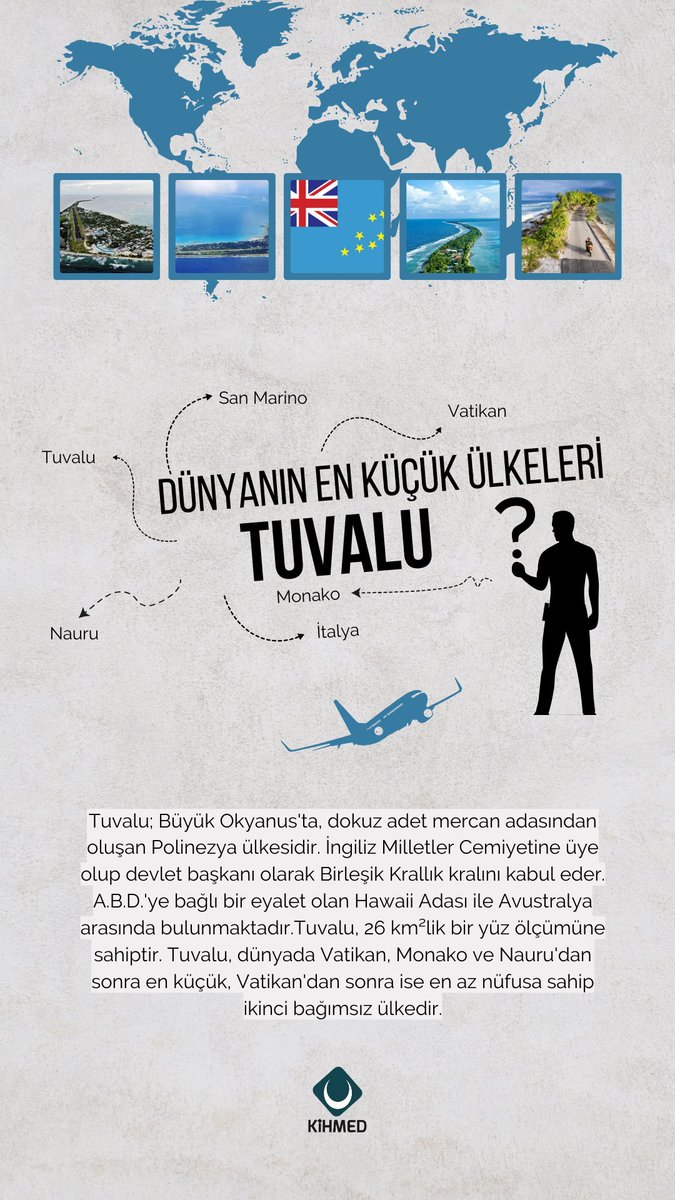 kihmed's tweet photo. Dünyanın En Küçük Ülkeleri serimizin sırası Tuvalu’ya geldi🤩 26m2 alana sahip olan Tuvalu aynı zamanda Vatikan’dan sonra en az nüfusa sahip! Daha fazla bilgi için👇🏻
#kihmed #kitap #kahve #kihmedkitapkahve #dünyanınenküçükülkeleri https://t.co/vbP1TjJ50W