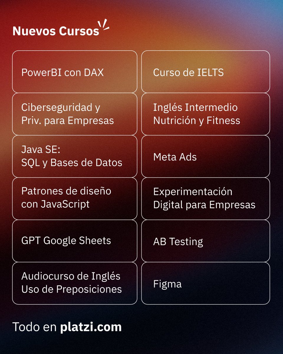 platzi's tweet photo. 🔓 Lo nuevo de Platzi en septiembre 🔥

- Escuela de Cloud y DevOps: https://t.co/2qlTZLFxhG

- Novedades en la Escuela de Data Science: https://t.co/VOcdbQHFkh

- Platzi Conf Bogotá 2023: 
https://t.co/RzHYrpe5TQ

- Una maratón SIN COSTO a todos los cursos de IA: https://t.co/PWTzR9fh62

- Nuevos cursos 👇🏽