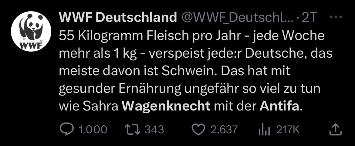 DirtyHarry_tv's tweet photo. Der @WWF_Deutschland ist übrigens ebenfalls der Meinung, dass ca. 1kg Fleisch pro Woche eine gesunde Ernährung ist.
#WWF #Fleisch #vergan #Wagenknecht #Antifa https://t.co/kZy23SBFEy