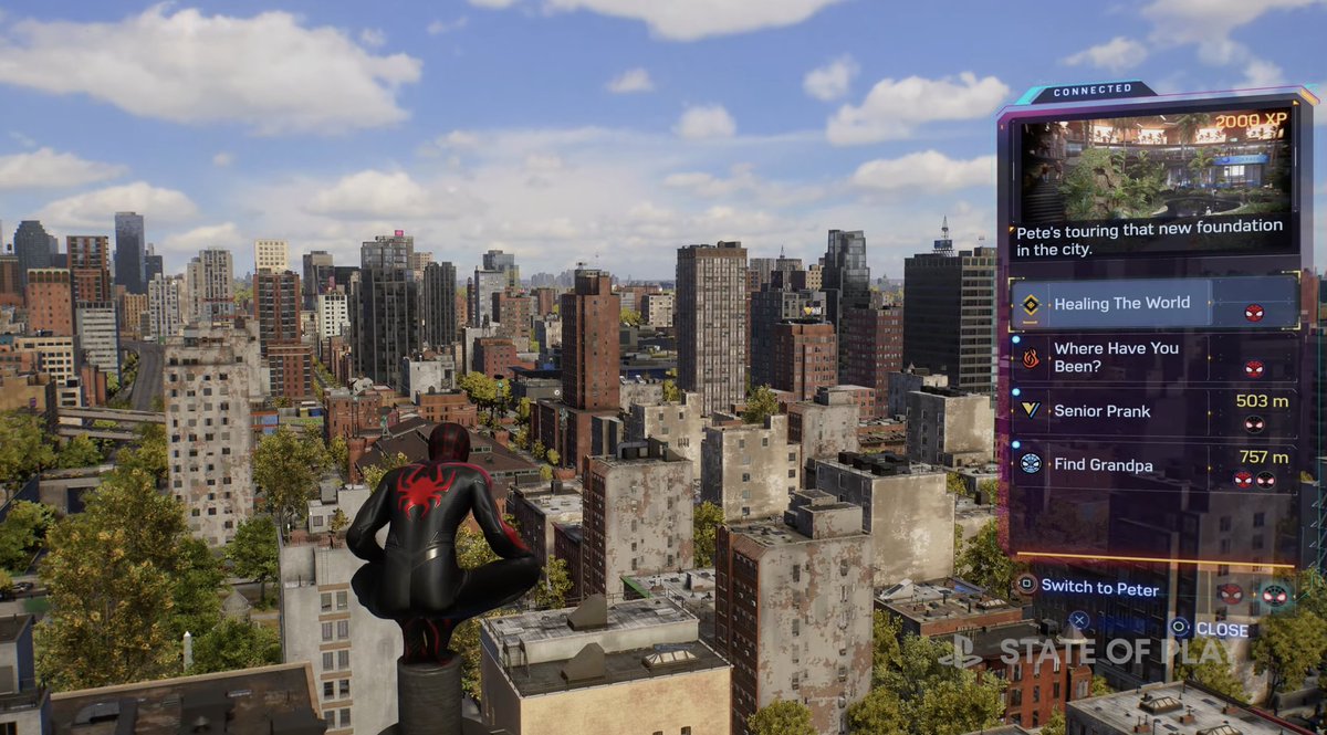 IGN's tweet photo. You'll be able to switch between Miles Morales and Peter Parker near instantly in Spider-Man 2. #StateofPlay https://t.co/r6xLAK3xoX