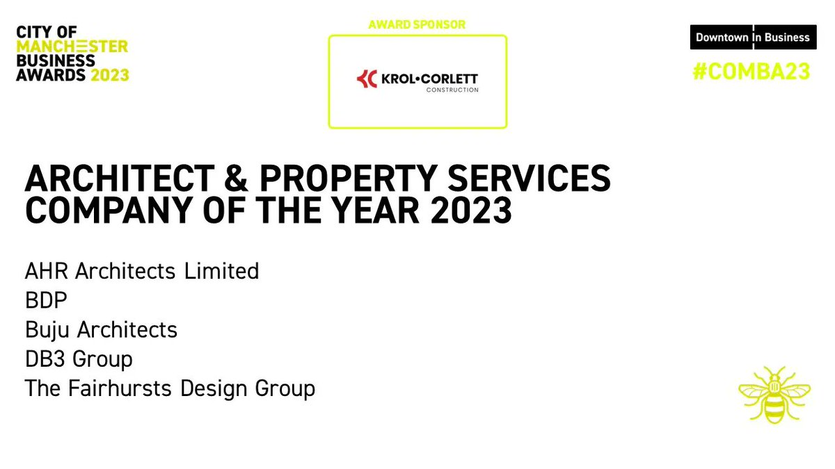 DowntownBusines's tweet photo. Next up we have the #COMBA23 award for Architect/Property Services Firm of the Year 2023. Sponsoring this award, we have @krolcorlett. https://t.co/TtyaoXavv0
