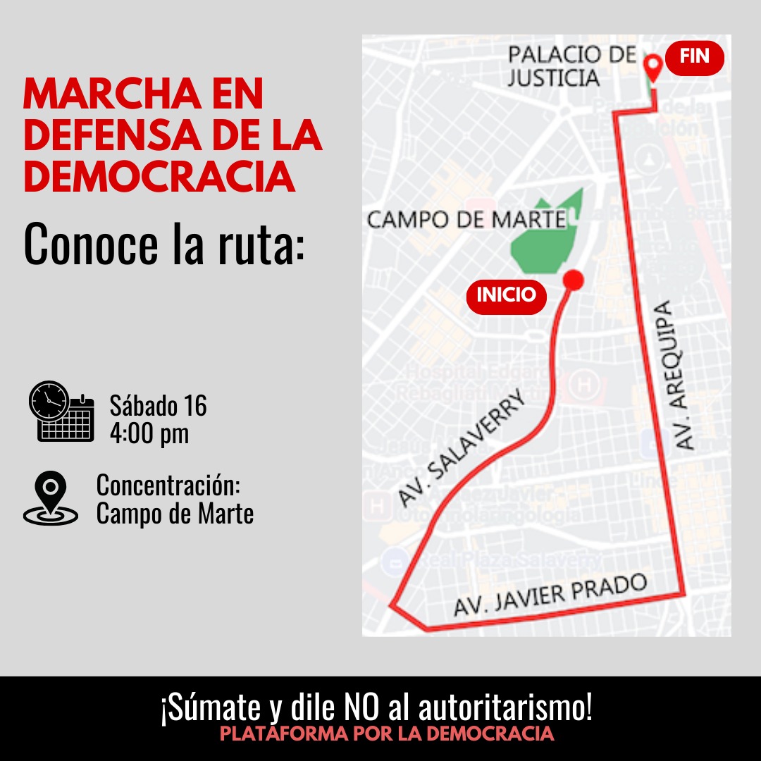 🔴 #RUTA  de la Marcha contra el Golpe congresal  y en defensa de la Democracia.
¡X Democracia, Justicia y Vida! 
Nos vemos  este #16S, sábado de 16 de septiembre , a las  4: 00 pm  en el Campo de Marte. Jesus María. 
#PlataformaXLaDemocracia 
#NoAlAutoritarismo !