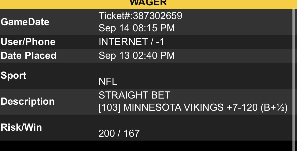 BrophBetting's tweet photo. 🏈FREE TNF PICK WEEK TWO 9/14/23🏈
2 pennies ($200) #Vikings +7
#PrimeTimeKirk #Kirk #Jefferson #Eagles #Hurts #Philly
*BAD WEEK 1; LETS START OFF STRONG THIS WEEK* https://t.co/3isgCv6Epv